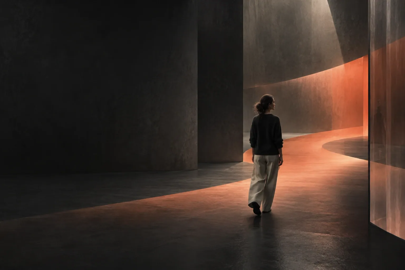 Eine Person folgt einem korallfarbenen Weg durch eine offene Architektur